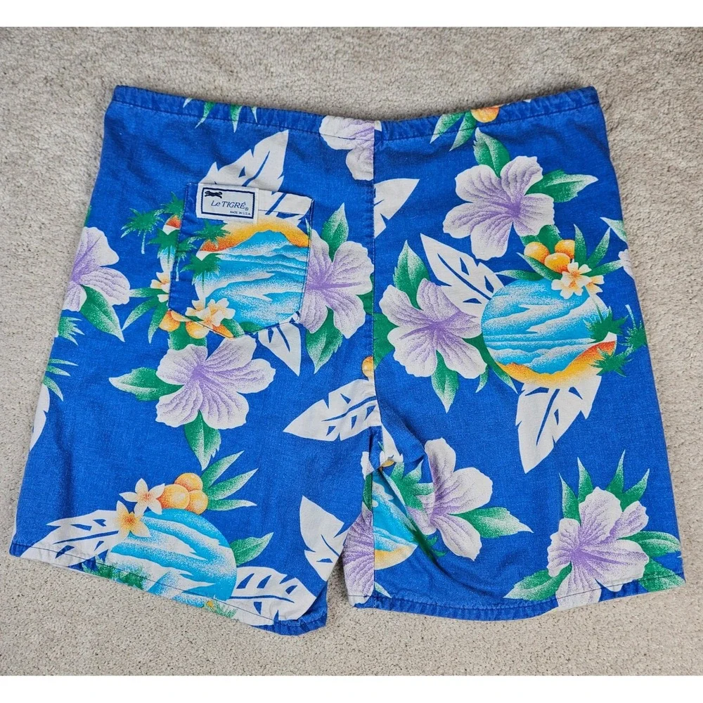 VTG Le Tigre Hawaiian Swim Trunks Shorts Men's Sz M  Floral Tropical Made in USA